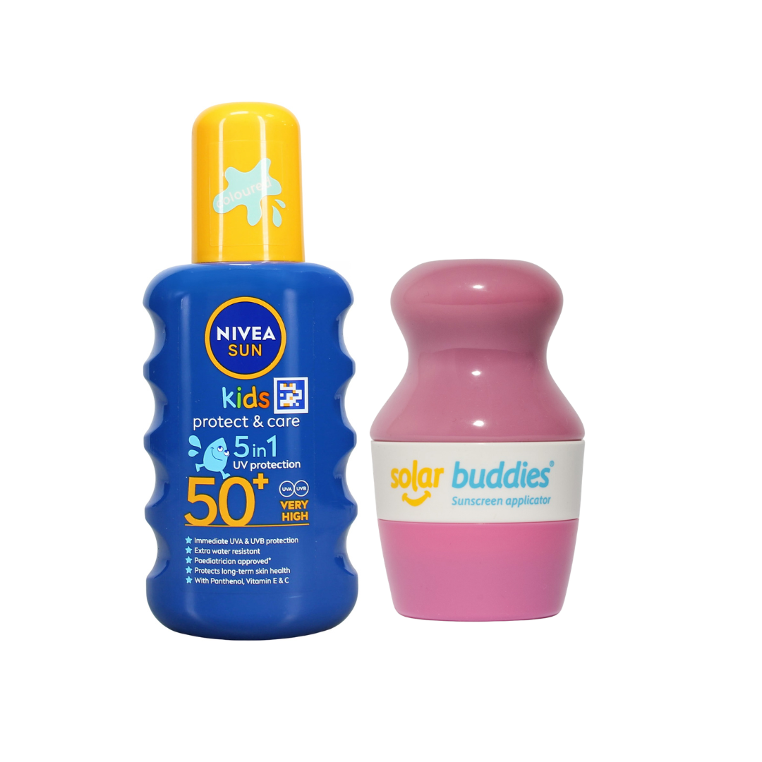 Solar Buddies & NIVEA SUN Kids SPF50+ Bundle | Children's Sunscreen Applicator & SPF50+ Coloured Sun Spray