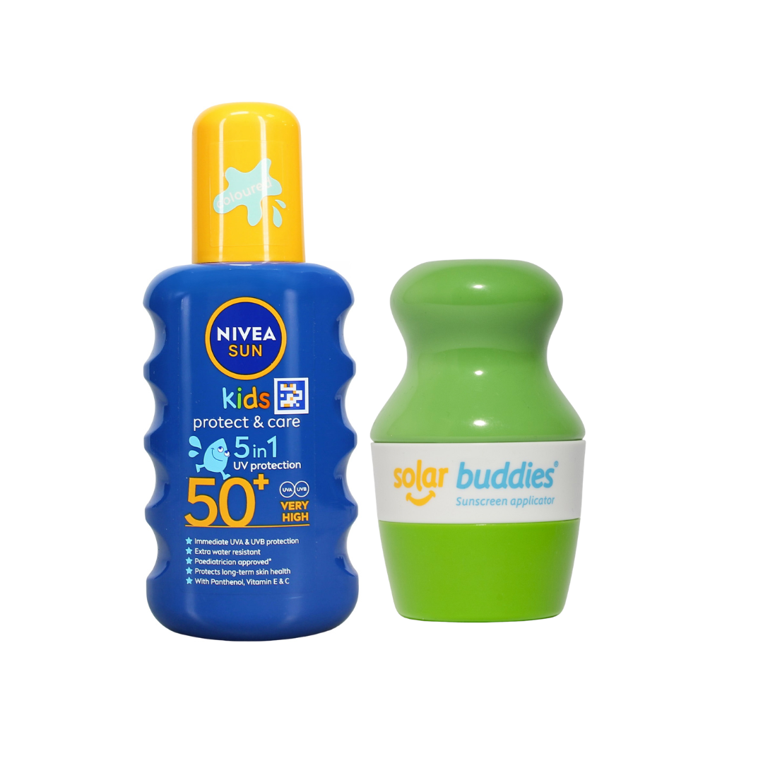 Solar Buddies & NIVEA SUN Kids SPF50+ Bundle | Children's Sunscreen Applicator & SPF50+ Coloured Sun Spray