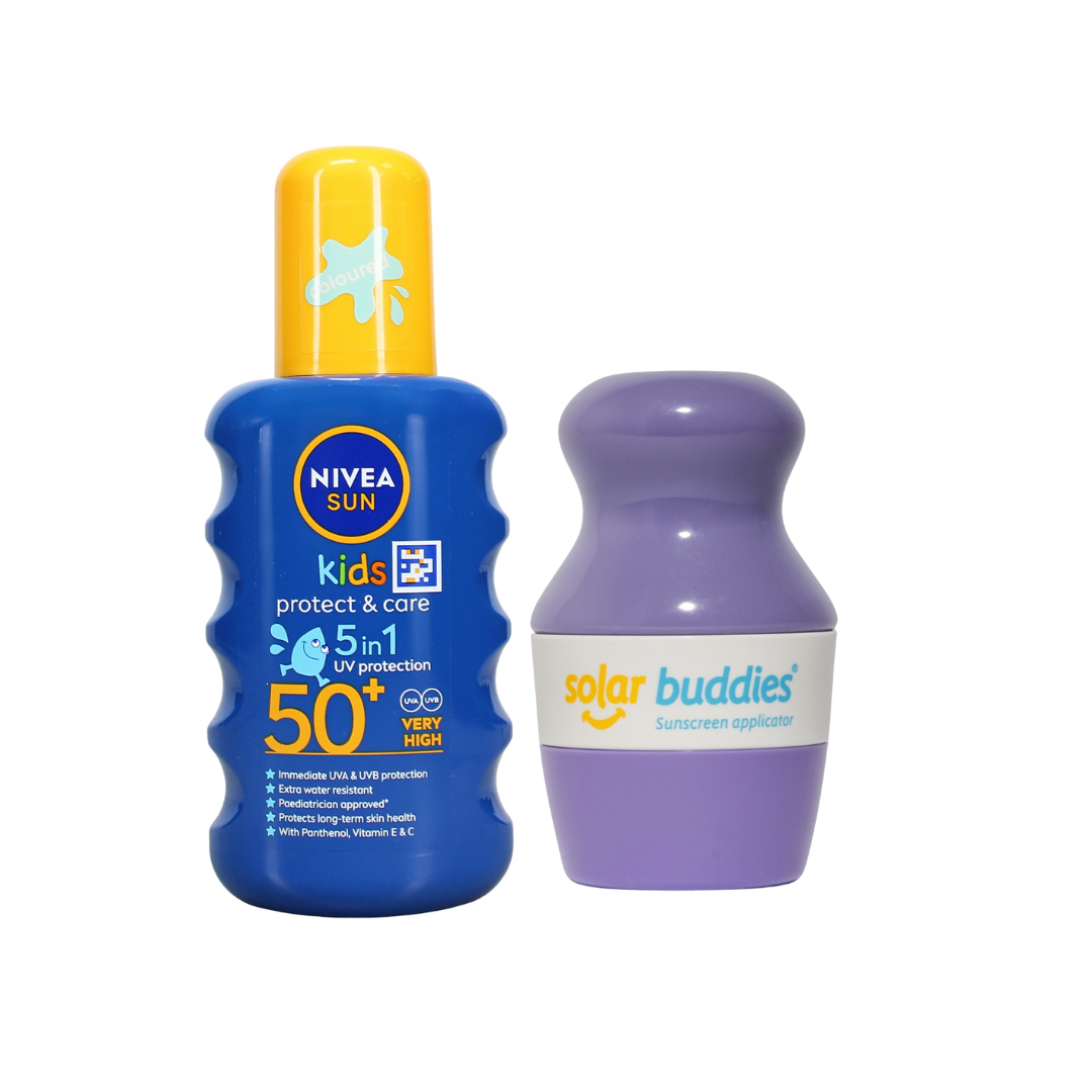 Solar Buddies & NIVEA SUN Kids SPF50+ Bundle | Children's Sunscreen Applicator & SPF50+ Coloured Sun Spray