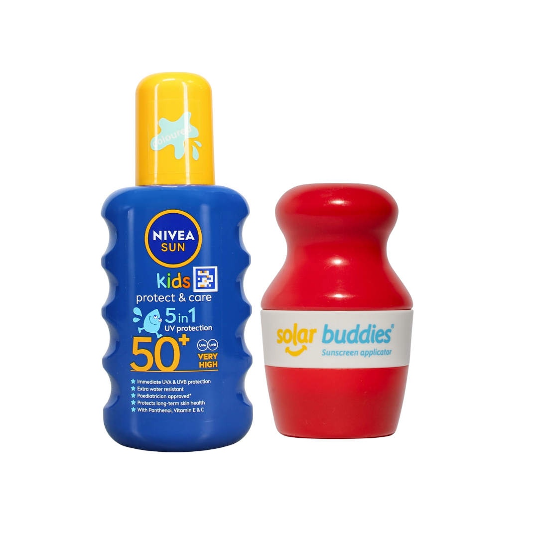 Solar Buddies & NIVEA SUN Kids SPF50+ Bundle | Children's Sunscreen Applicator & SPF50+ Coloured Sun Spray