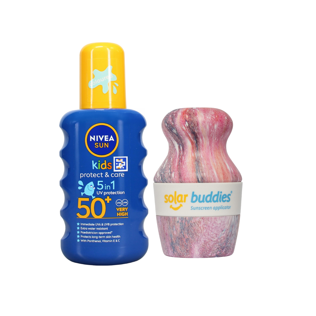Solar Buddies & NIVEA SUN Kids SPF50+ Bundle | Children's Sunscreen Applicator & SPF50+ Coloured Sun Spray