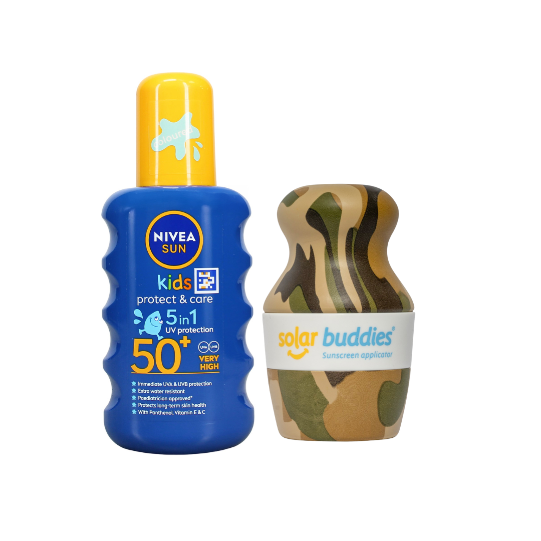 Solar Buddies & NIVEA SUN Kids SPF50+ Bundle | Children's Sunscreen Applicator & SPF50+ Coloured Sun Spray