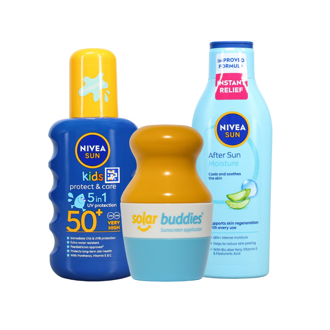 Solar Buddies Ultimate Kids Sun Care Bundle | SPF50+ Sunscreen Applicator, NIVEA SUN Kids Sun Spray & After Sun Lotion