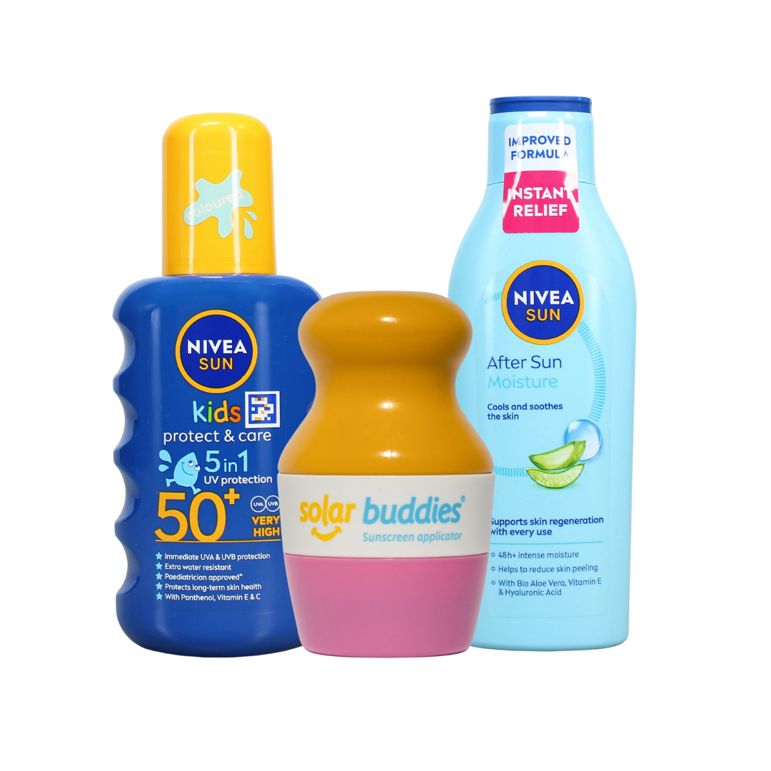 Solar Buddies Ultimate Kids Sun Care Bundle | SPF50+ Sunscreen Applicator, NIVEA SUN Kids Sun Spray & After Sun Lotion