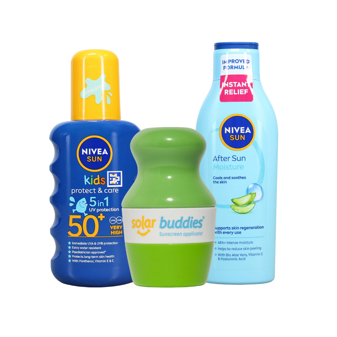 Solar Buddies Ultimate Kids Sun Care Bundle | SPF50+ Sunscreen Applicator, NIVEA SUN Kids Sun Spray & After Sun Lotion