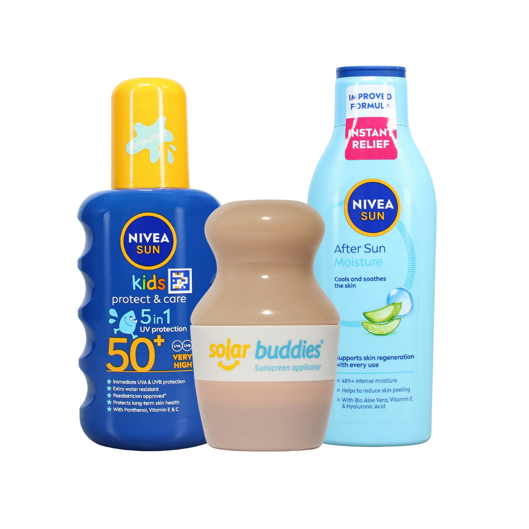 Solar Buddies Ultimate Kids Sun Care Bundle | SPF50+ Sunscreen Applicator, NIVEA SUN Kids Sun Spray & After Sun Lotion