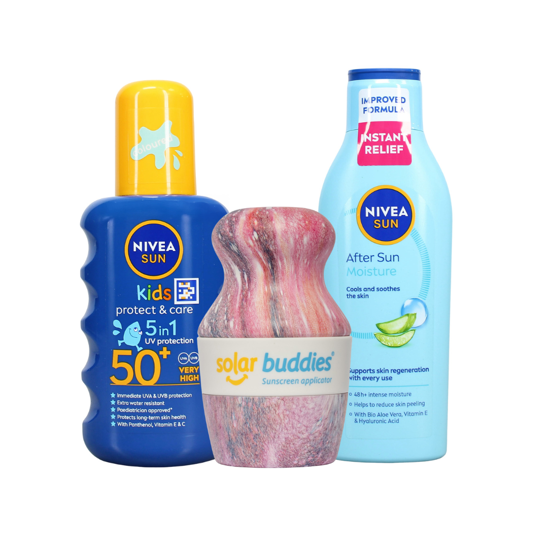Solar Buddies Ultimate Kids Sun Care Bundle | SPF50+ Sunscreen Applicator, NIVEA SUN Kids Sun Spray & After Sun Lotion