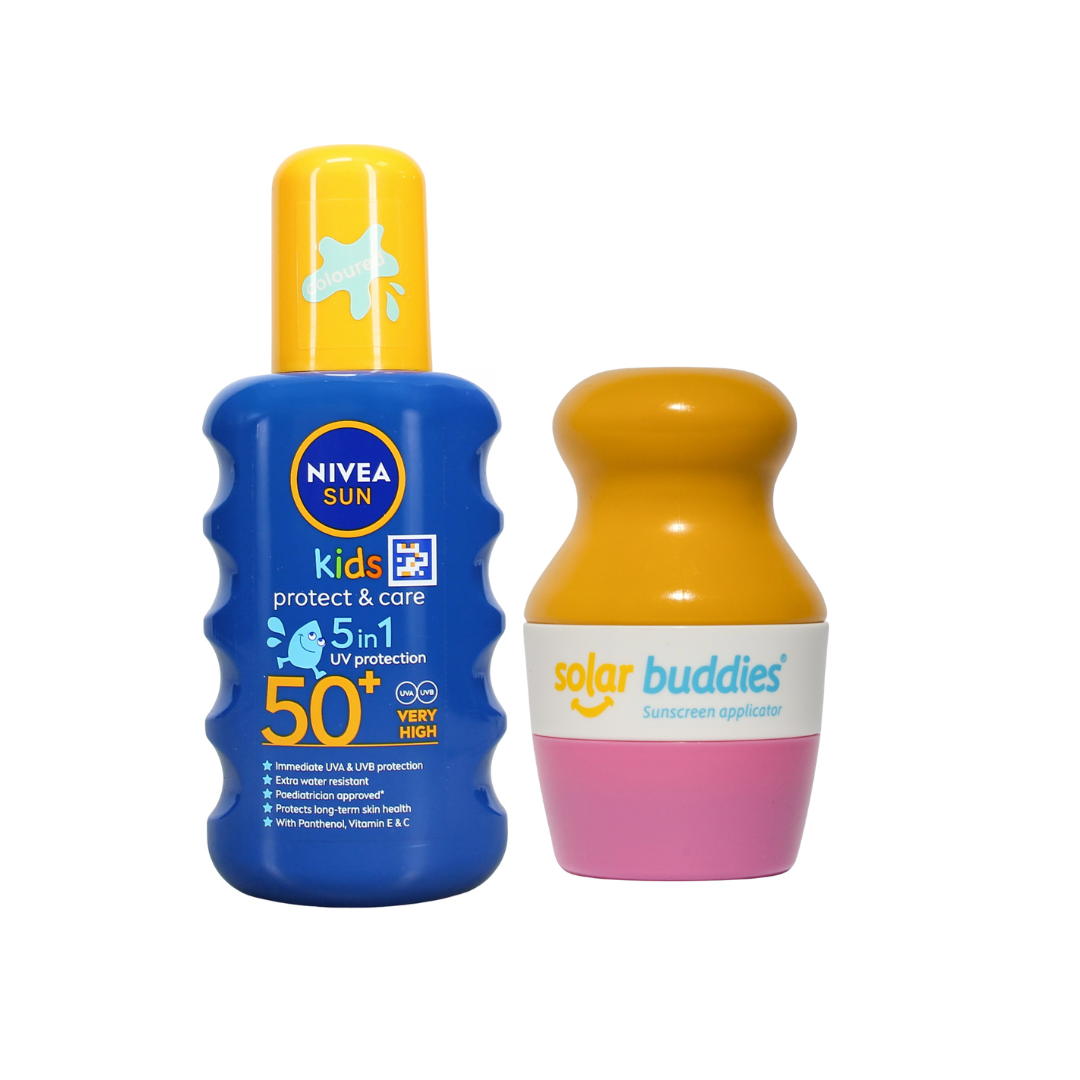 Solar Buddies & NIVEA SUN Kids SPF50+ Bundle | Children's Sunscreen Applicator & SPF50+ Coloured Sun Spray