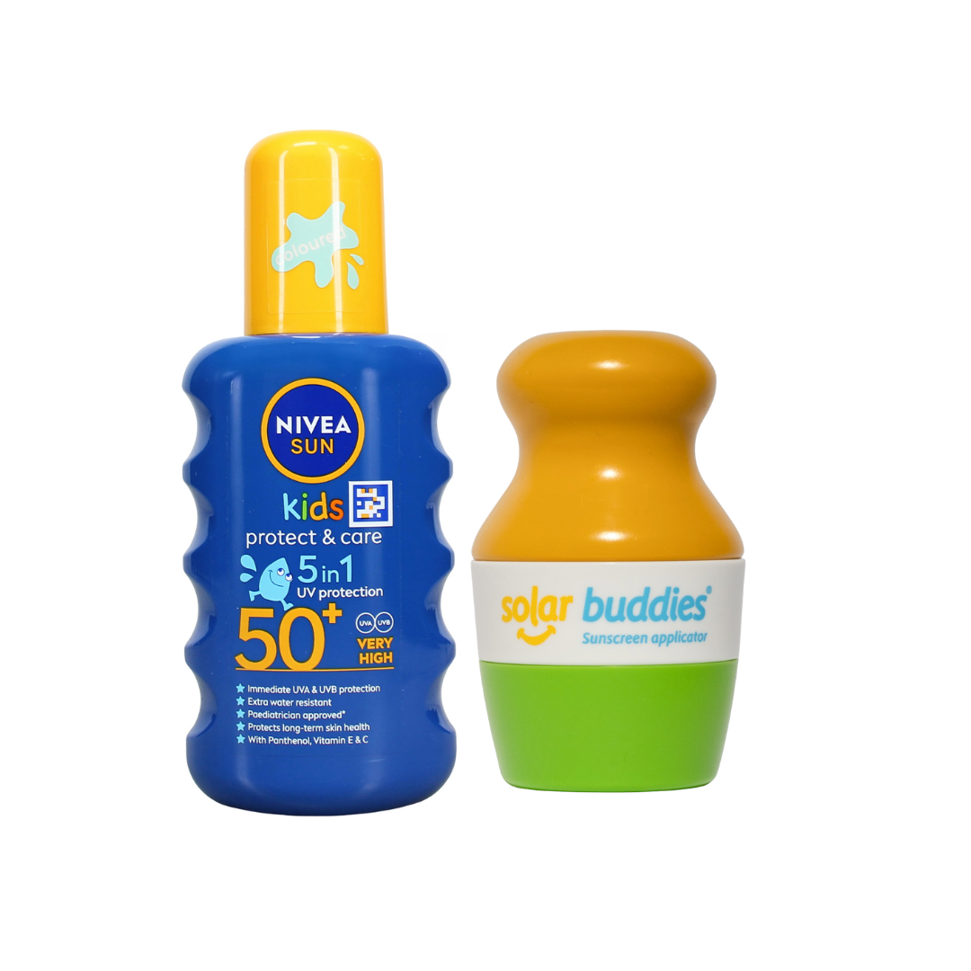 Solar Buddies & NIVEA SUN Kids SPF50+ Bundle | Children's Sunscreen Applicator & SPF50+ Coloured Sun Spray