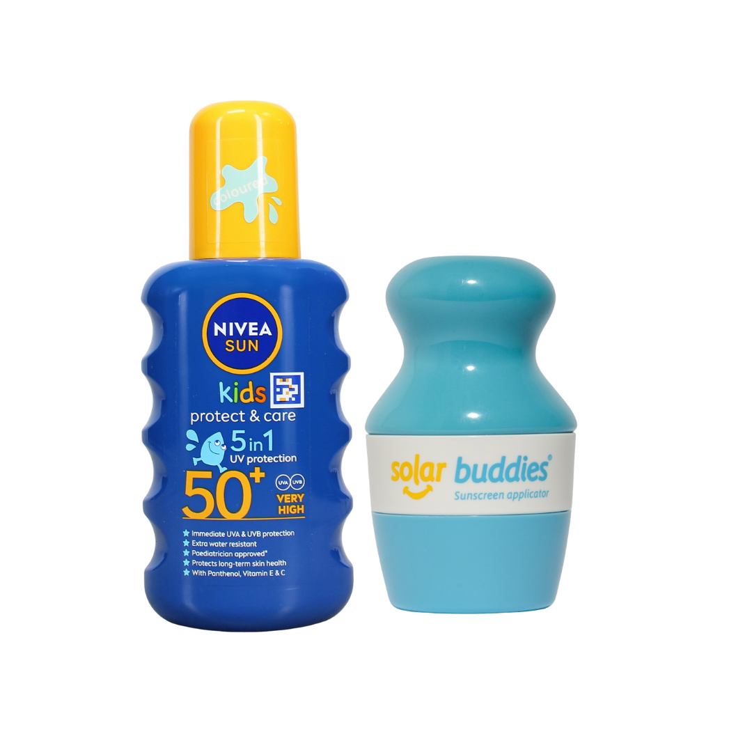 Solar Buddies & NIVEA SUN Kids SPF50+ Bundle | Children's Sunscreen Applicator & SPF50+ Coloured Sun Spray